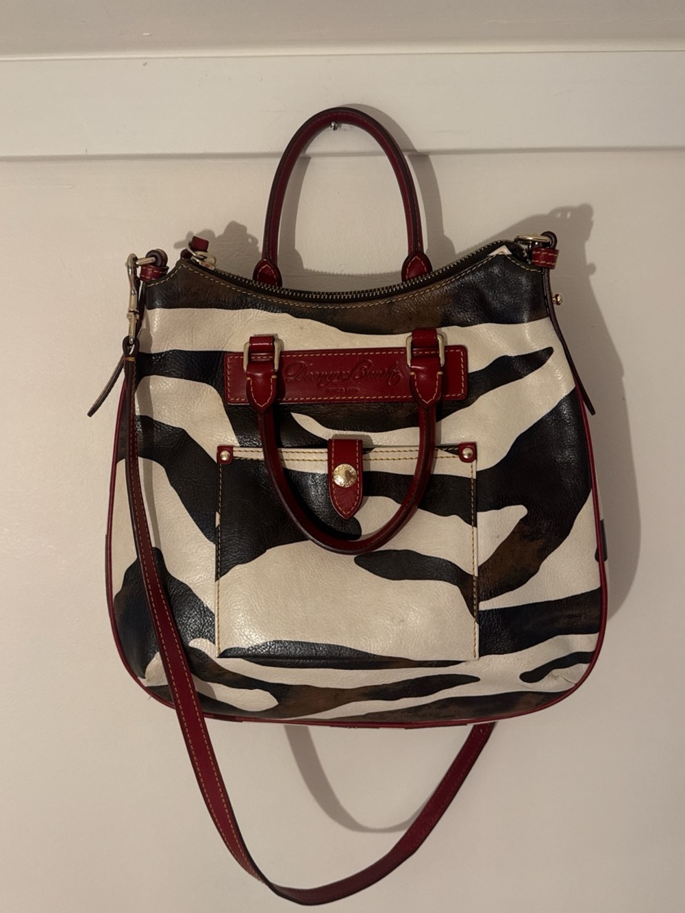 Dooney & Bourke Black and White Zebra-Print Shoulder Bag with Red Trim